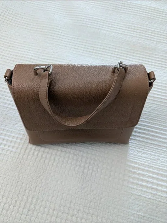 Genuine Leather Sand Structured Satchel Bag Top Handle Crossbody - Picture 11 of 13